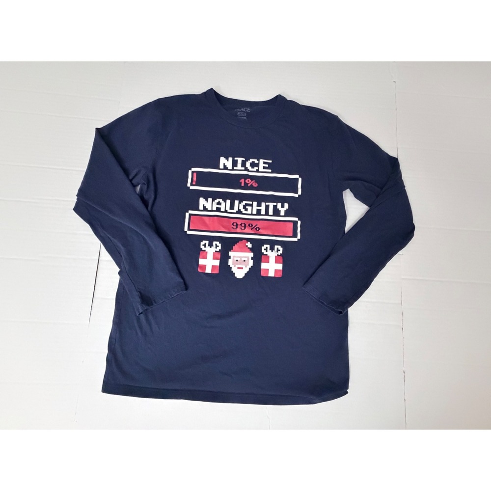 Childrens Place Boys XXL 16 Navy Blue Naughty Nice Santa Long Sleeve Graphic Tee
